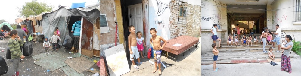 Three children standing in front of a door.