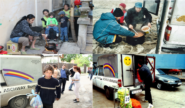 A collage of children and adults in different locations.
