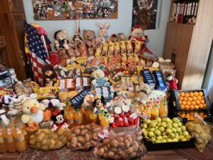 Donated food and toys for charity.