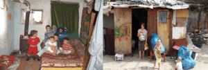 Children playing in front of dilapidated houses.